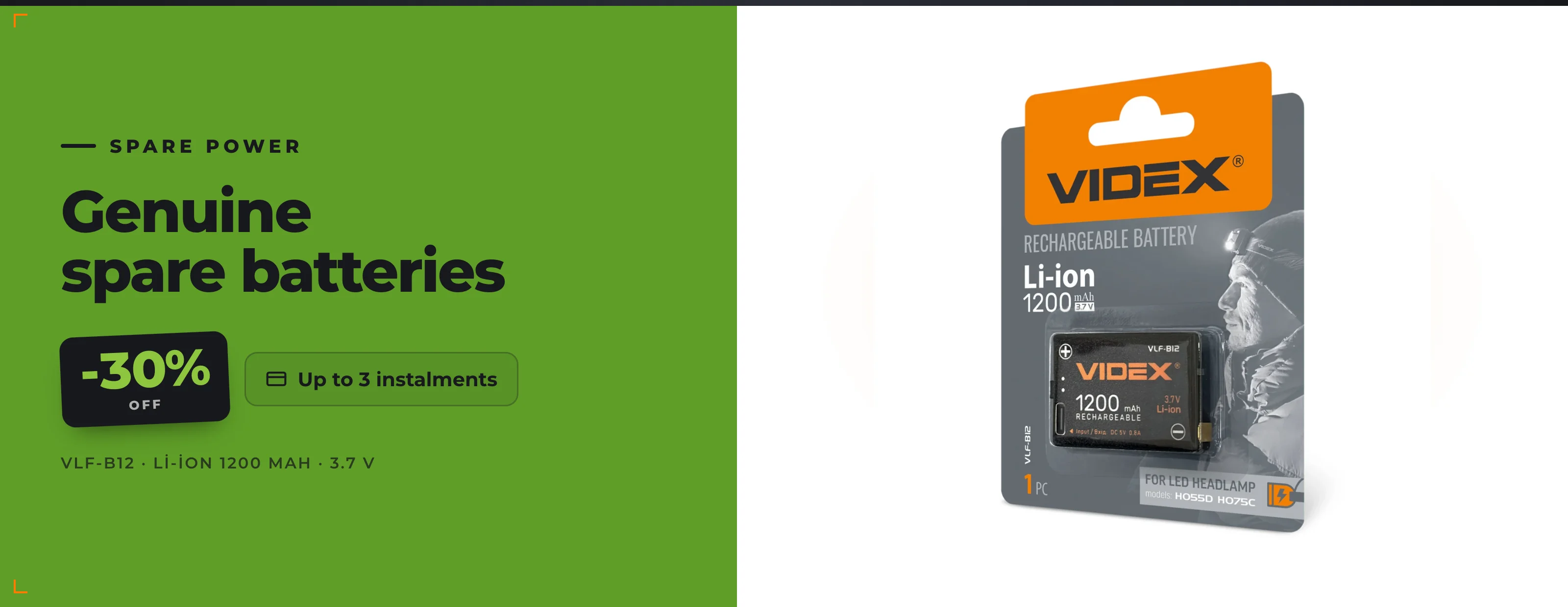 VIDEX VLF-B12 Li-ion spare battery — 30% off, up to 3 instalments
