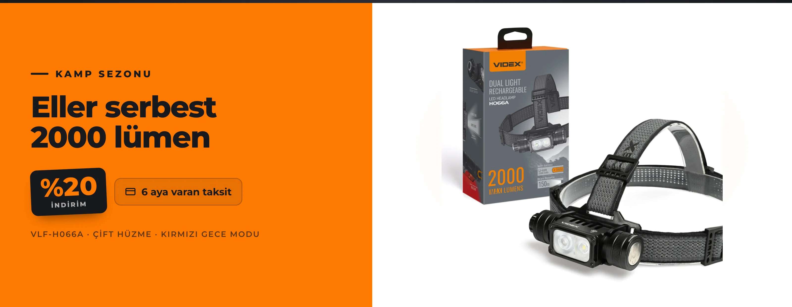 VIDEX VLF-H066A 2000 lümen kafa lambası — %20 indirim, 6 aya varan taksit